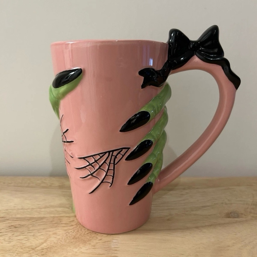 Cobwebs Cauldrons Halloween Mug Witch Hand Pink Green Bow Spider Web Summerween
